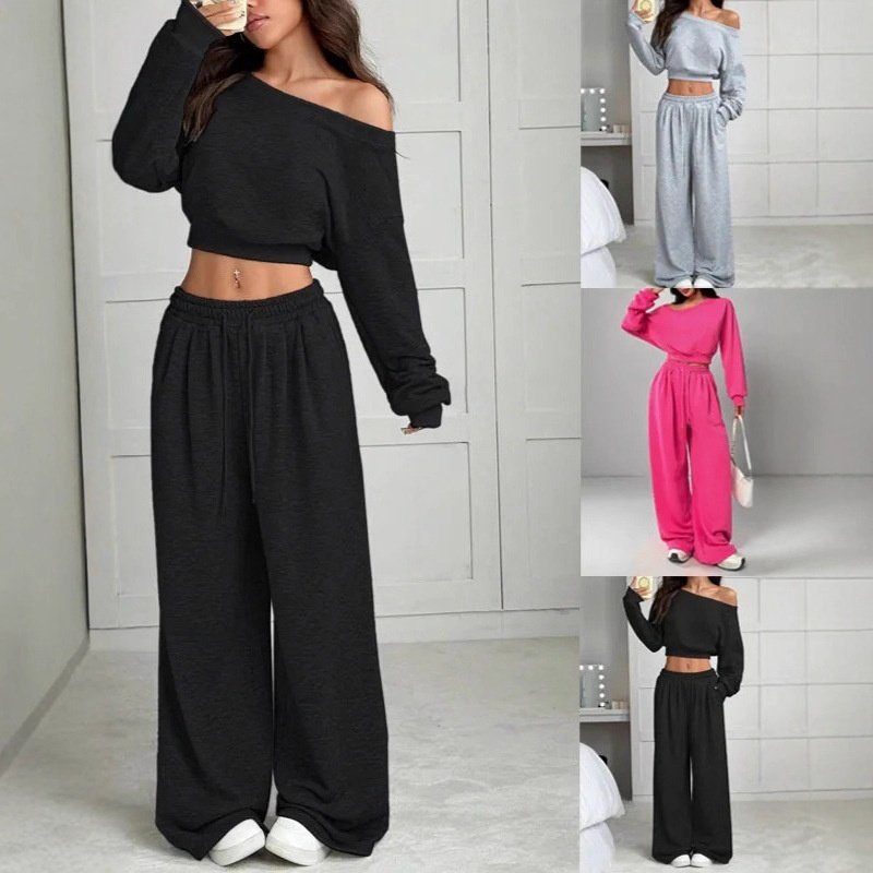 Casual 2-piece Set One-shoulder Long-sleeved Sweatshirt Women's Suit Autumn New Fashion Elastic Waist Tie Loose Sports Trousers