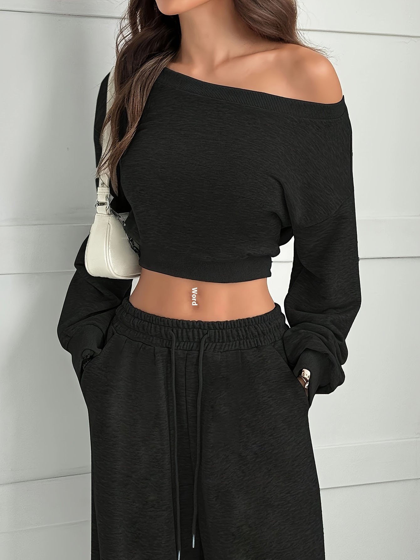 Casual 2-piece Set One-shoulder Long-sleeved Sweatshirt Women's Suit Autumn New Fashion Elastic Waist Tie Loose Sports Trousers