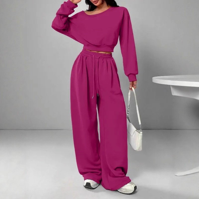 Casual 2-piece Set One-shoulder Long-sleeved Sweatshirt Women's Suit Autumn New Fashion Elastic Waist Tie Loose Sports Trousers