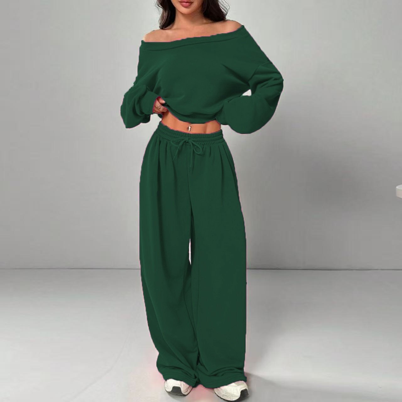 Casual 2-piece Set One-shoulder Long-sleeved Sweatshirt Women's Suit Autumn New Fashion Elastic Waist Tie Loose Sports Trousers