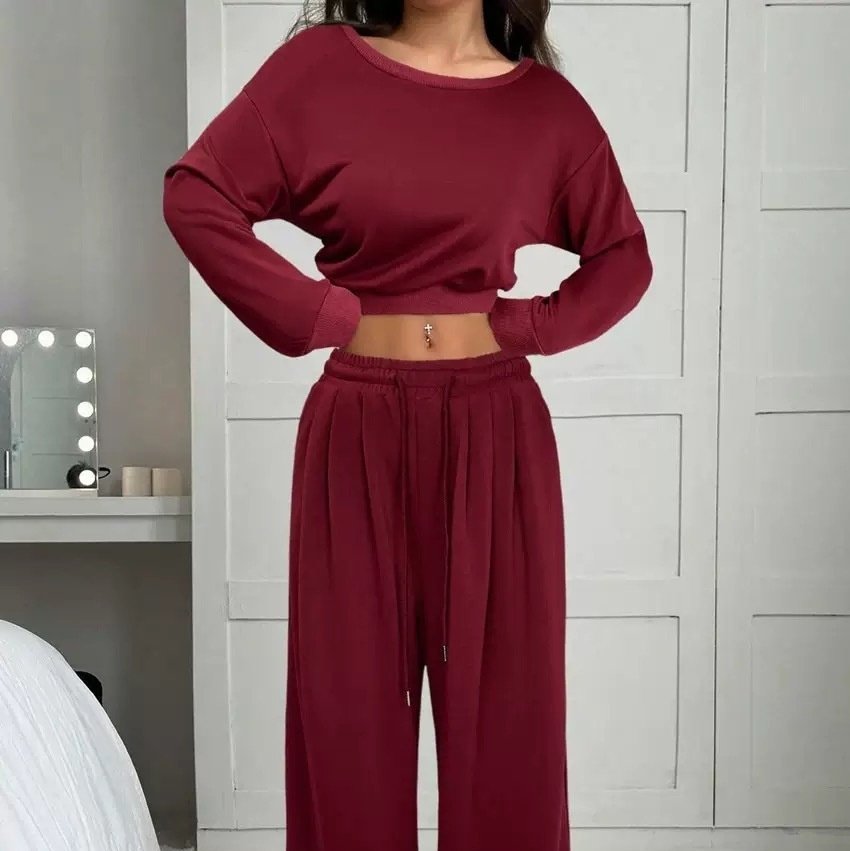 Casual 2-piece Set One-shoulder Long-sleeved Sweatshirt Women's Suit Autumn New Fashion Elastic Waist Tie Loose Sports Trousers