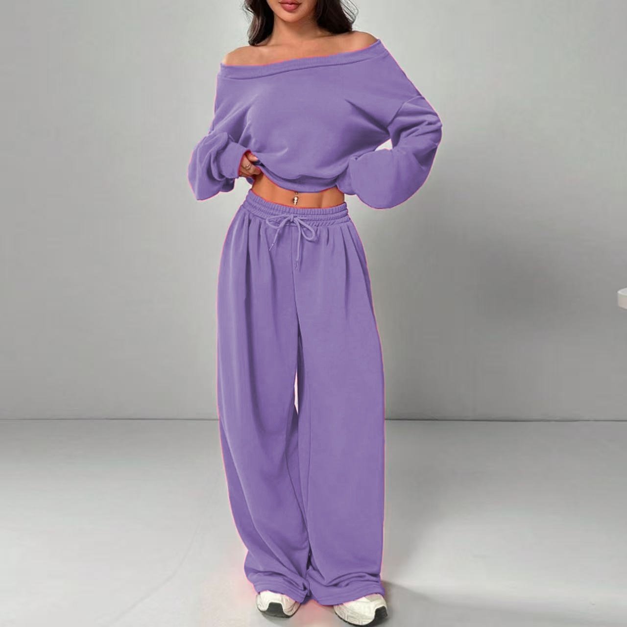Casual 2-piece Set One-shoulder Long-sleeved Sweatshirt Women's Suit Autumn New Fashion Elastic Waist Tie Loose Sports Trousers