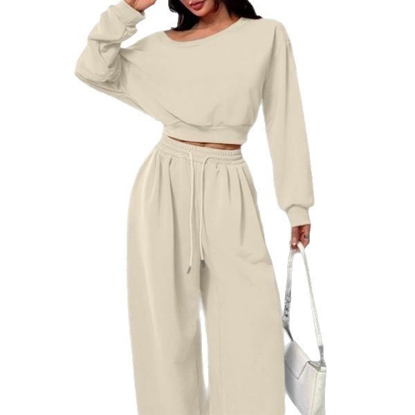 Casual 2-piece Set One-shoulder Long-sleeved Sweatshirt Women's Suit Autumn New Fashion Elastic Waist Tie Loose Sports Trousers