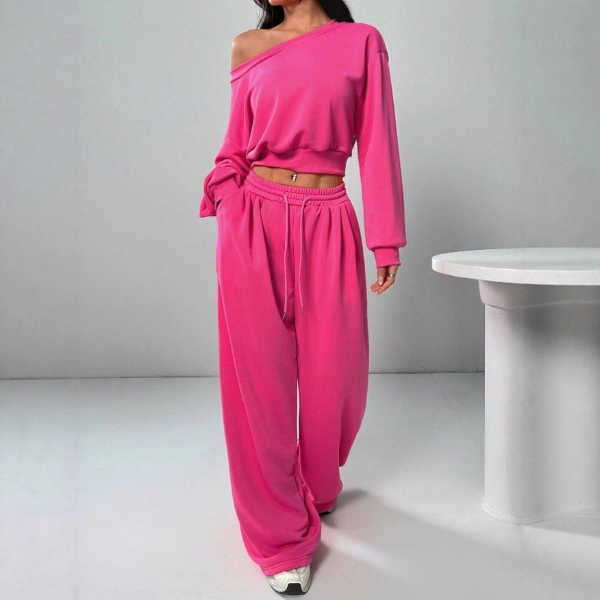 Casual 2-piece Set One-shoulder Long-sleeved Sweatshirt Women's Suit Autumn New Fashion Elastic Waist Tie Loose Sports Trousers